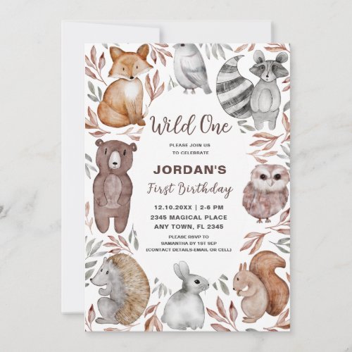 Wild One Woodland Animals First Birthday Party Invitation