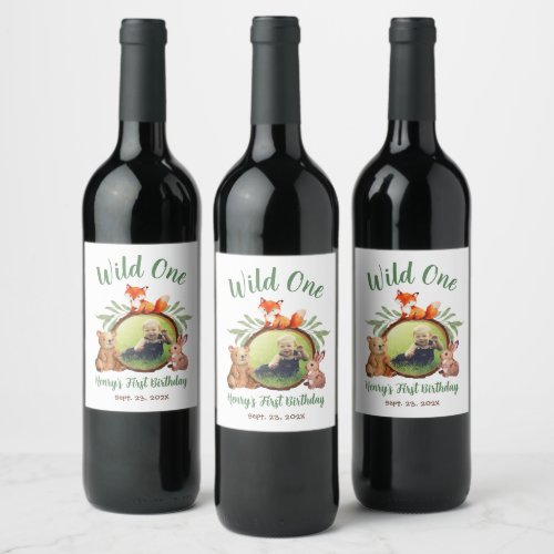 Wild One Woodland Animals First Birthday Photo  Wine Label