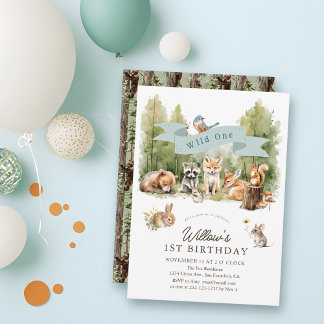 Wild One Woodland Animals Forest Boy 1st Birthday Invitation