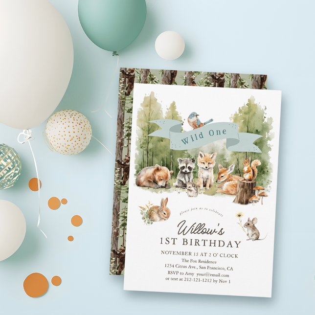 Wild One Woodland Animals Forest Boy 1st Birthday Invitation (Creator Uploaded)