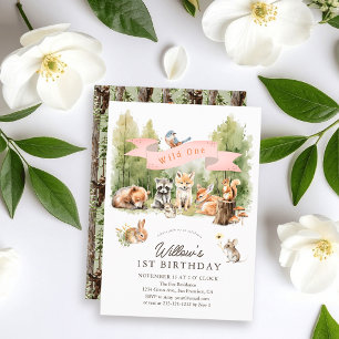 Wild One Woodland Animals Forest Girl 1st Birthday Invitation