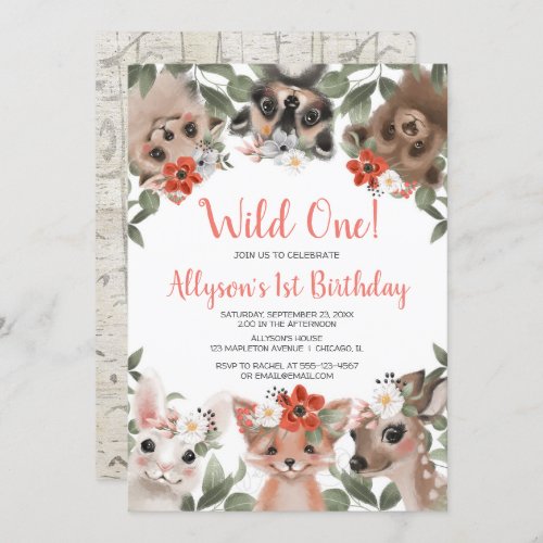 Wild One woodland animals girls 1st birthday party Invitation