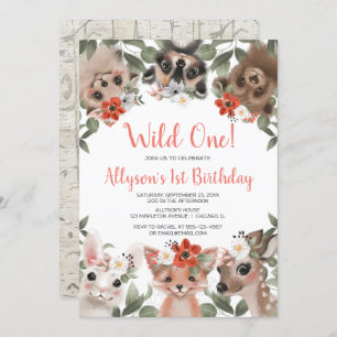 Wild One woodland animals girls 1st birthday party Invitation