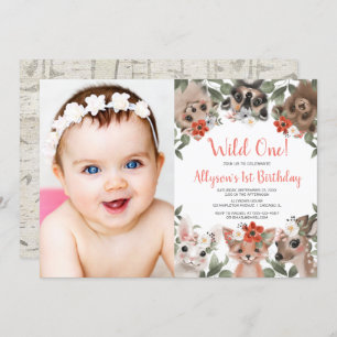Wild One woodland animals girls 1st birthday photo Invitation