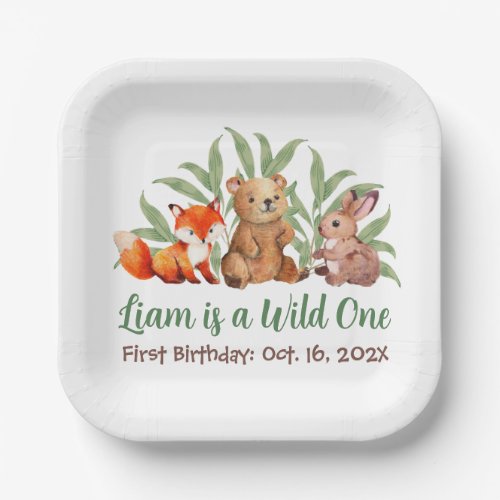 Wild One Woodland Animals Greenery First Birthday  Paper Plates