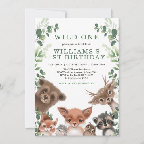 Wild One Woodland Animals Greenery Forest Birthday Invitation