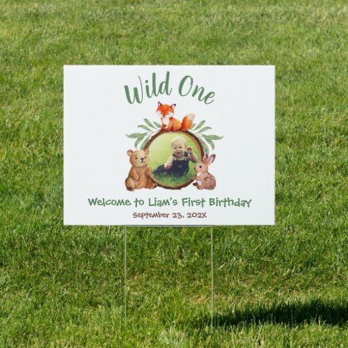Wild One Woodland Animals Photo First Birthday Sign