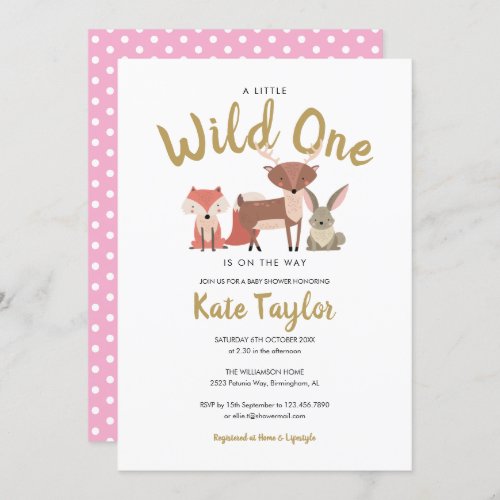 Wild One Woodland Animals Pink Baby Shower Invitation