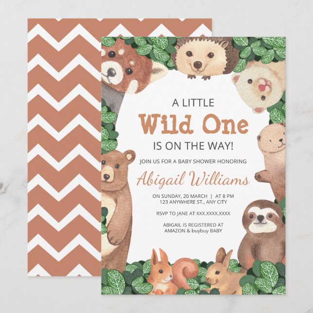 Wild One Woodland Animals w Bear Brown Baby Shower Invitation (Front/Back)
