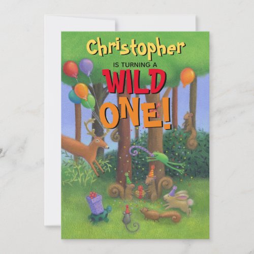 Wild One Woodland Animals Whimsical 1st Birthday Invitation