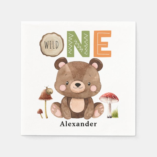 Wild One Woodland Bear 1st Birthday Napkins (Front)