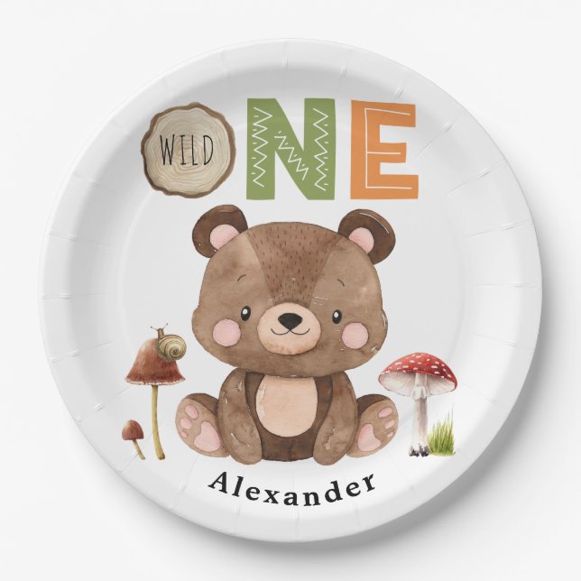 Wild One Woodland Bear 1st Birthday Paper Plates (Front)