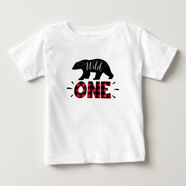 Wild One Woodland Bear Plaid 1st Birthday T-Shirt (Front)