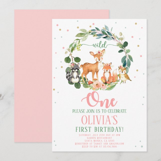 Wild One Woodland Birthday Invitation Girl (Front/Back)