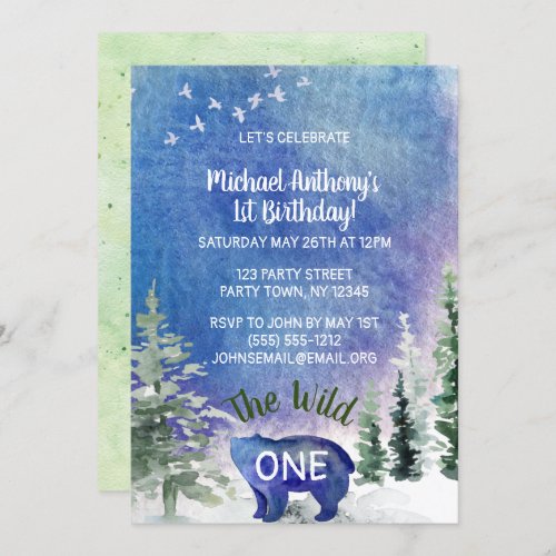 Wild One Woodland Blue Watercolor Birthday Invitation