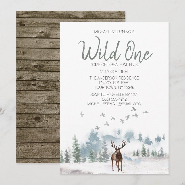 Wild One Woodland Deer Forest First Birthday Invitation (Front/Back)