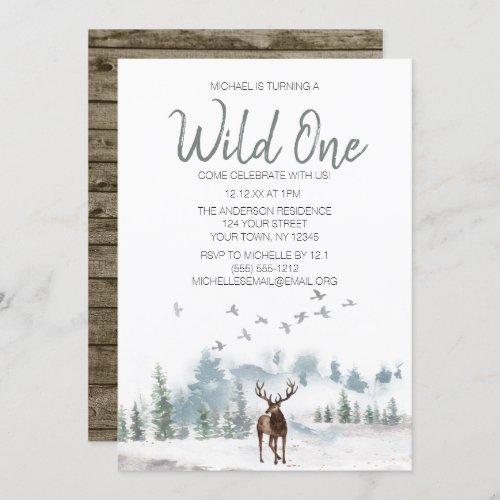 Wild One Woodland Deer Forest First Birthday Invitation