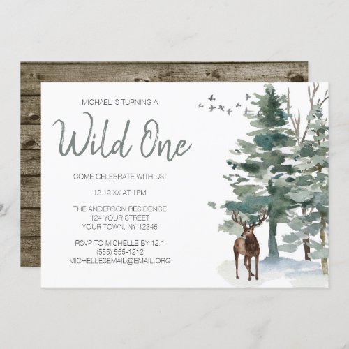 Wild One Woodland Deer Forest Pine First Birthday Invitation