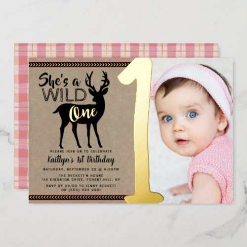 Wild One Woodland Deer Girls 1st Birthday Real Foil Invitation