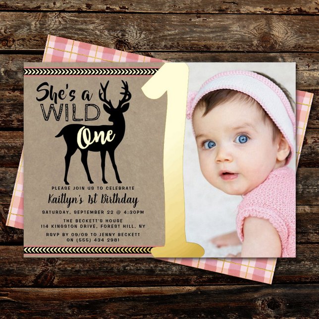 Wild One Woodland Deer Girls 1st Birthday Real Foil Invitation (Creator Uploaded)