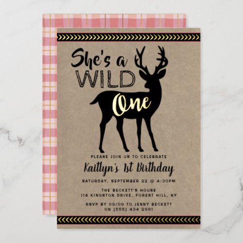 Wild One Woodland Deer Girls 1st Birthday Real Foil Invitation