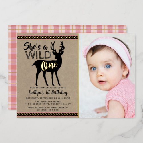 Wild One Woodland Deer Girls 1st Birthday Real Foil Invitation