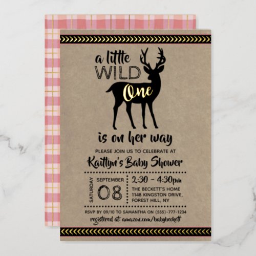 Wild One Woodland Deer Girls Baby Shower Real Foil Invitation
