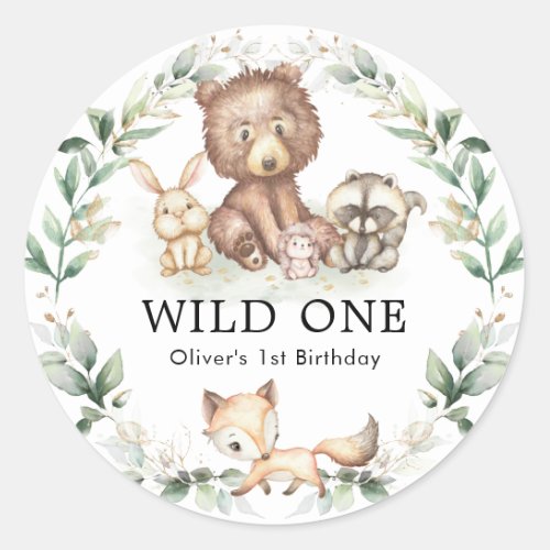 Wild One Woodland Forest Animals Greenery Birthday Classic Round Sticker