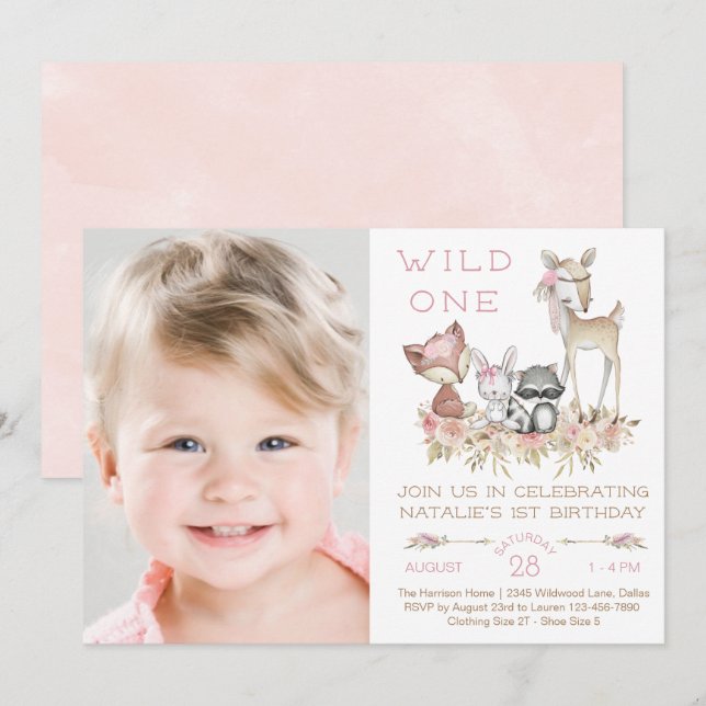 Wild One Woodland Girl Photo First Birthday Party Invitation (Front/Back)