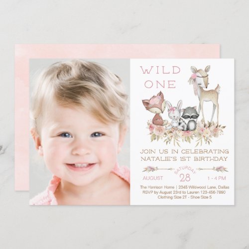 Wild One Woodland Girl Photo First Birthday Party Invitation