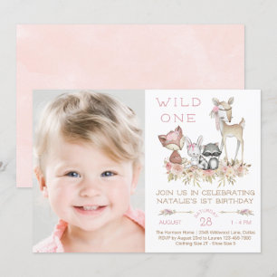 Wild One Woodland Girl Photo First Birthday Party Invitation