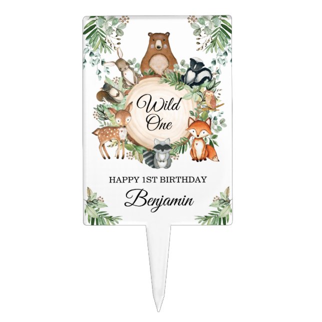 Wild One Woodland Greenery Animals Happy Birthday Cake Topper (Front)