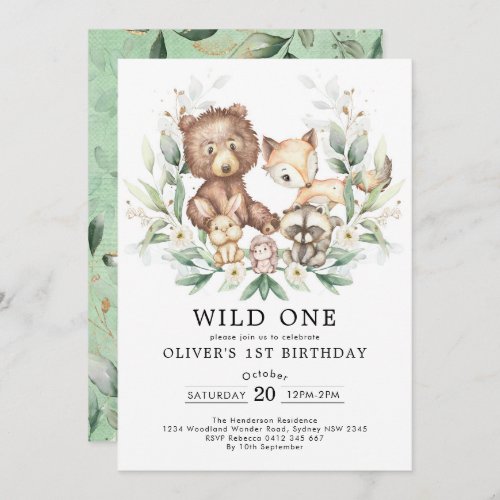 Wild One Woodland Greenery Gold Birthday Party Invitation