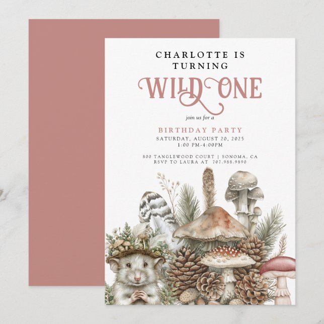 Wild One Woodland Mouse Girl 1st Birthday Invitation (Front/Back)