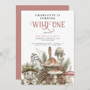 Wild One Woodland Mouse Girl 1st Birthday Invitation