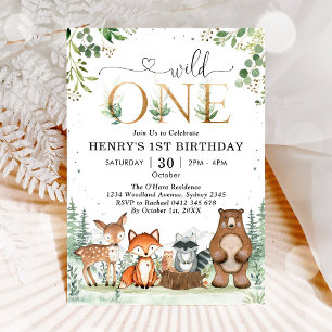 Wild One Woodland Party Animals Boy 1st Birthday Invitation
