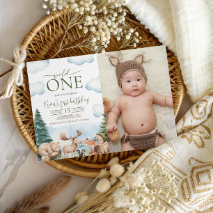Wild One Woodland Photo 1st Birthday Invite