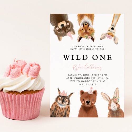 Wild One Woodland Pink First Birthday Party  Invitation