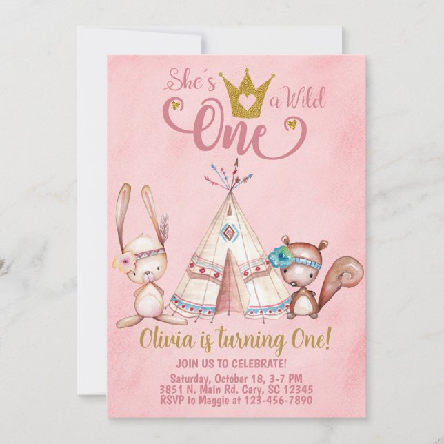 Wild One woodland teepee 1st first birthday invite (Front)