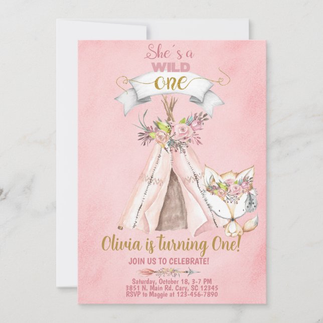 Wild One woodland teepee 1st first birthday invite (Front)