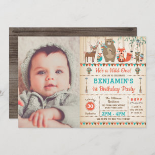 Wild One Woodland Tribal Animals Birthday Photo Invitation