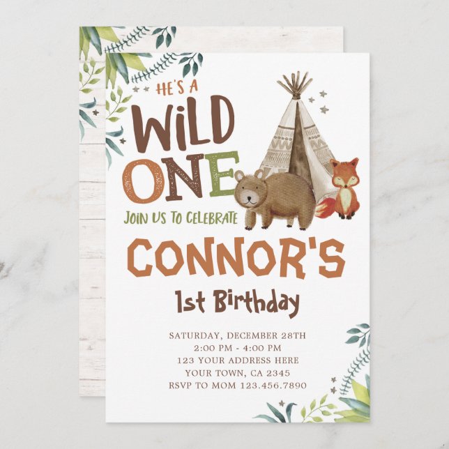 Wild One, Woodland, Tribal Invitation (Front/Back)