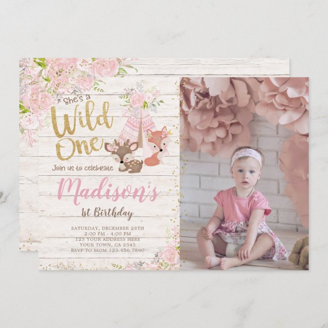 Wild One, Woodland, Tribal Invitation (Front/Back)