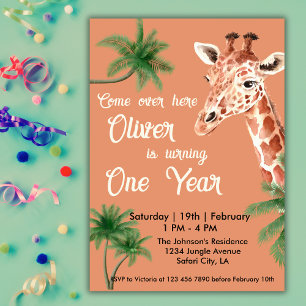 Wild One Year Safari Animals Giraf 1st Birthday Invitation