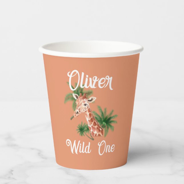 Wild One Year Safari giraffe 1st Birthday Paper Cups (Front)