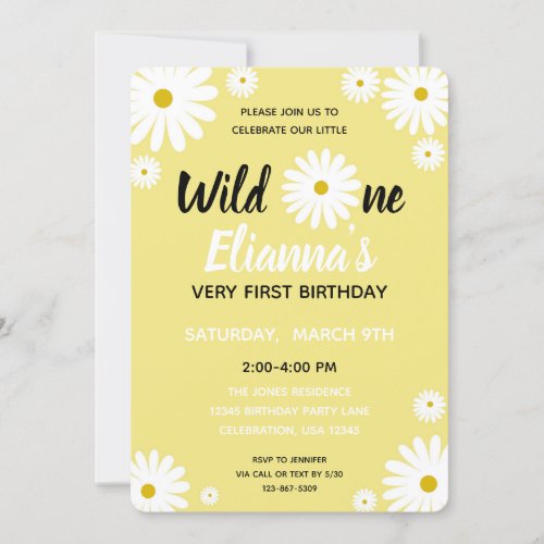 Wild ONE Yellow Daisy Flower Girl Birthday Invitation