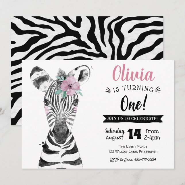 Wild One Zebra | Girl 1st Birthday invitation (Front/Back)