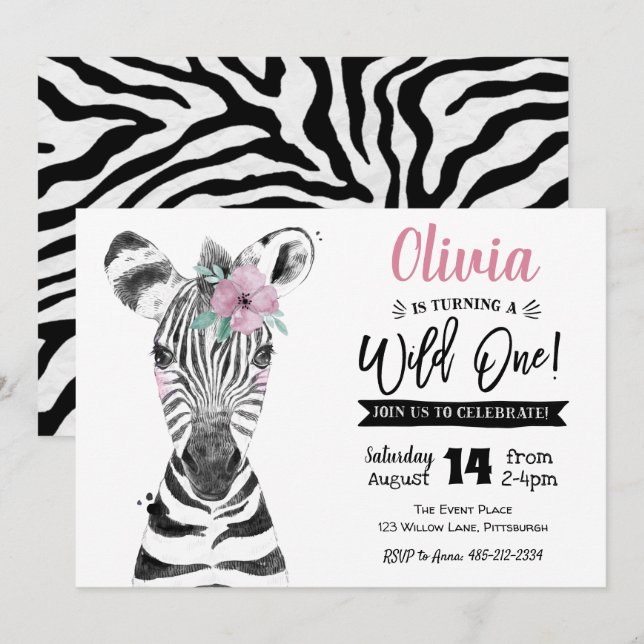 Wild One Zebra | Girl 1st Birthday invitation (Front/Back)