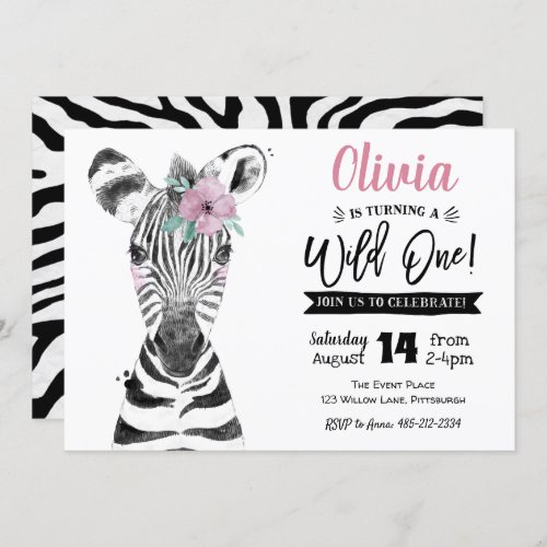 Wild One Zebra  Girl 1st Birthday invitation