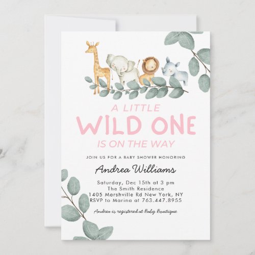 Wild One Zoo Animals Girl Baby Shower Invitation